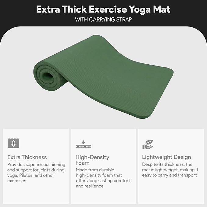 BalanceFrom 71x24 Inches Extra Thick Yoga Mat 1-Inch High-Density Foam – Roll-Up Exercise Pad with Double-Sided Non-Slip Surface and Carrying Strap for Pilates and Home Workouts, Multiple Colors