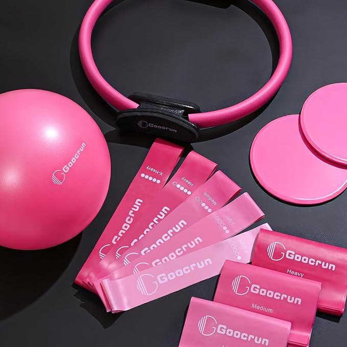 Pilates Ring Set Exercise Equipment, with Exercise Resistance Bands Set, Pilates Ball, Sliding Disks. Portable Home Gym - with Fitness Guide Poster
