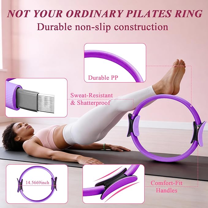 Pilates Ring and Small Ball Set for Women with 5 Resistance Bands, 14 inch Magic Circle Home Workout Essentials Starter Kit for Beginners, Yoga Sets for Full Body Toning Shape
