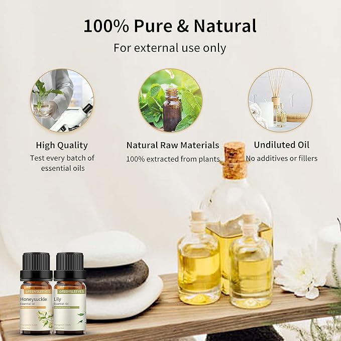 GREENSLEEVES Honeysuckle Lily Essential Oil Set, 2 x 10ml Pure Plant-Based Fragrance Oil for Aromatherapy, Essential Oils for Diffuser, Massage, Bath Bomb, Scented Candle Soap Making
