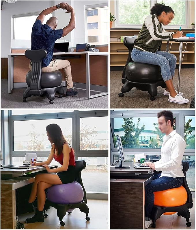 Ergonomic Balance Ball Chair Rolling Stool, Office Desk Exercise Ball Chair with Brakeable Wheels, Realigns Curved Spines and Relieve Back Pain