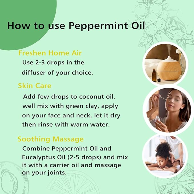 Peppermint Essential Oil - 100% Pure Natural Oil for Aromatherapy Diffuser, Room Spray, Skin Care, Hair Growth & Cooling Relief - 10mL Glass Bottle