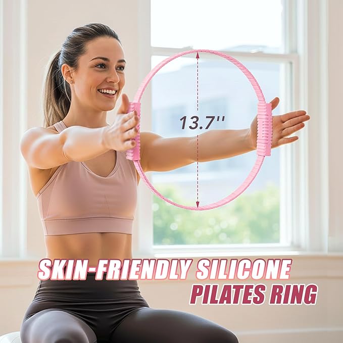 Pilates Kit for Women, 13.7in Silicone Pilates Ring with 5 Resistance Bands, 1 Yoga Ball, 1 Yoga Block, 2 Core Sliders, Video Guide for Full Body Home Workouts