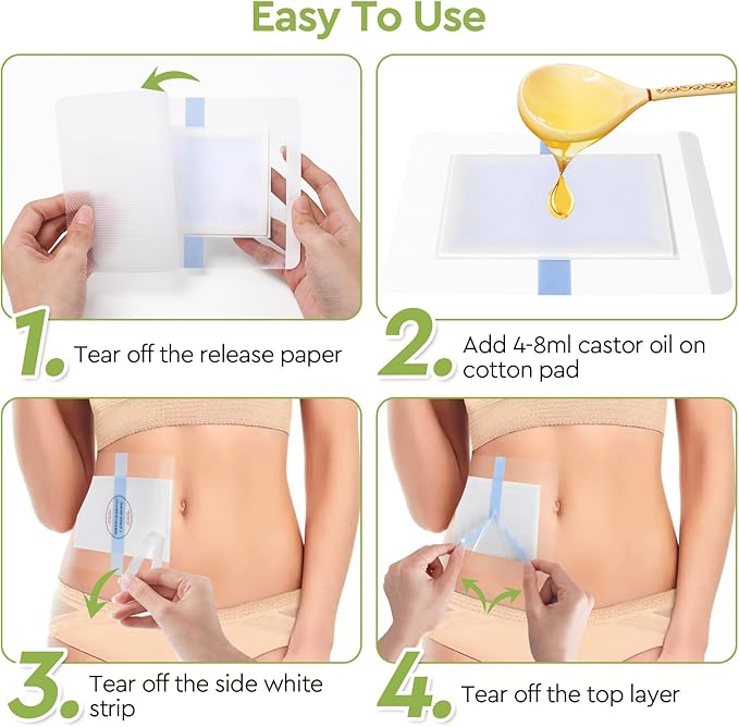 10pcs Castor Oil Pack Wrap, Castor Oil Patches for Abdominal Area, Silicone Gel Technology for Gentle Sensitive Skin Comfort, Low Sensation Wear, Painless Removal