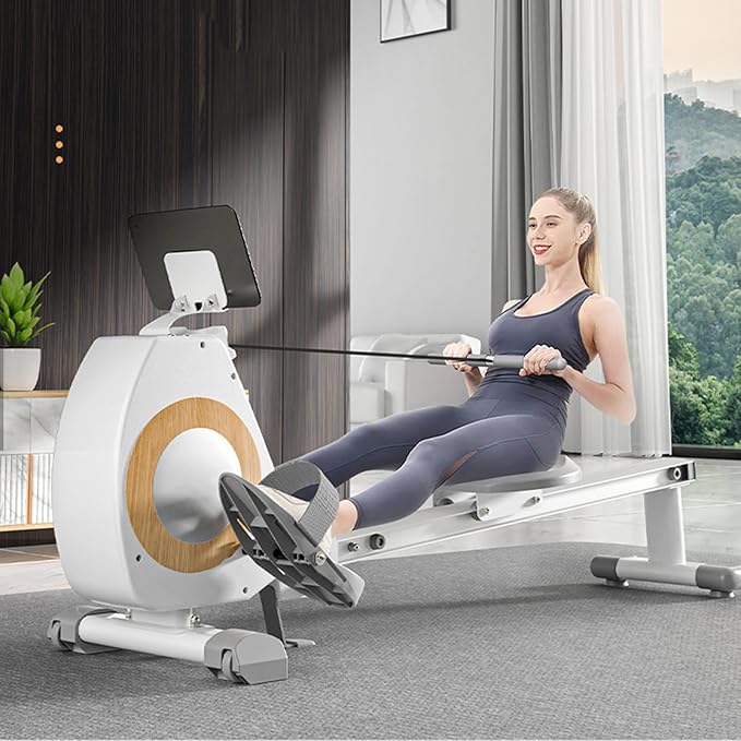 Rowing Machine Magnetic Rower Machines for Home Cardio Training 8 Levels Resistance, Single Slide Rail with Tablet Holder LCD Monitor, Max 350lb Weight Capacity, App Compatible