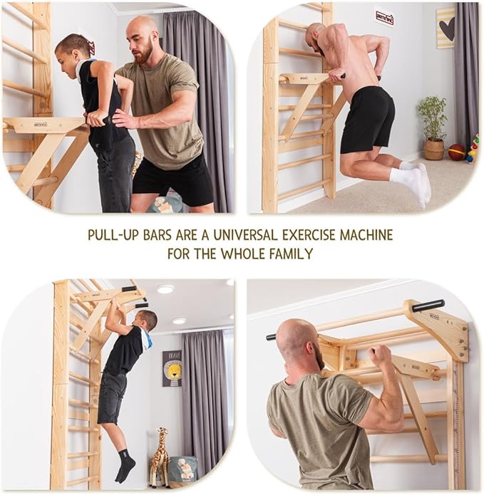 Swedish Ladder Wall Bars with Pull-Up Bar & Dip Station – Wooden Stall Bars, Multifunctional Home Gym Wall Ladder for Strength Training & Stretching
