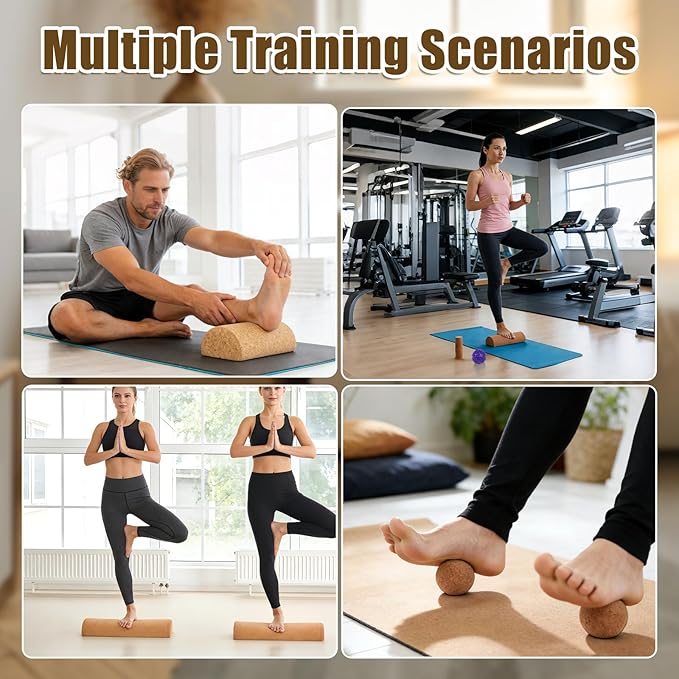 Cork Balance Board for Adults, Foot & Ankle Strengthener Balance Trainer with Cork Roller, Spiky Massage Ball, Toe Correctors & Stretch Strap, Foot Balance Board Set for Mobility, Stability & Functional Training