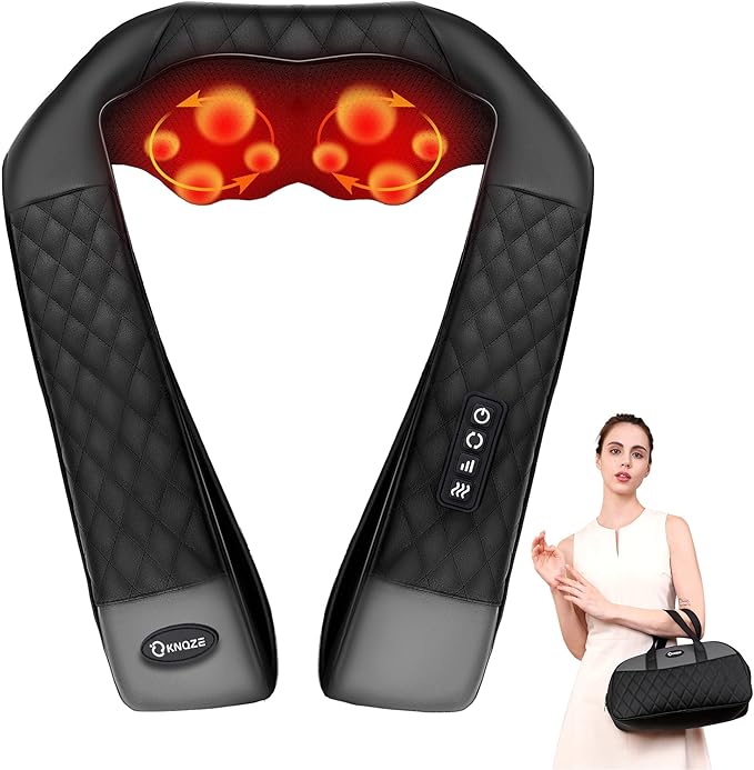Neck Massager with Heat, Shiatsu Neck and Back Massager, 4D Deep Tissue Kneading for Neck,Back,Shoulder, Body Muscle Pain Relief, Leather Handbag for Storage, Gift for Men Women Mom Dad, Plug-in Use