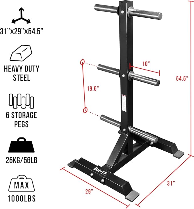 Valor Fitness Weight Plate Rack with Barbell Holders – Heavy-Duty Steel Storage Tree with 6 Pegs and 2 Vertical Bar Sleeves for Standard and Olympic Plates – 800 lb Capacity for Home & Garage Gyms