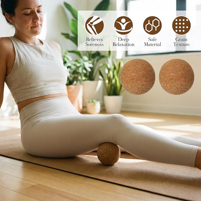 Soulchen 5 Pack Yoga Accessories for Women Set Yoga Block 2 Pack with Strap Massage Ball for Meditation Pilates Cork Blocks Stretching Home Gym Natural High-Density, 12"x8"x2"