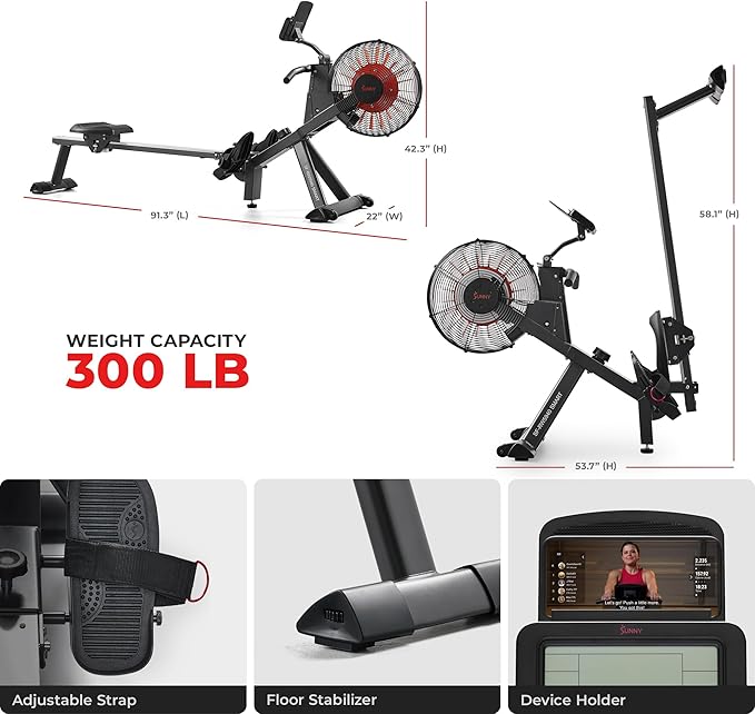 Sunny Health & Fitness Air Strive Smart Rower, Full-Body Training Rowing Machine with Spacious Inseam, Flip-Up Design for Home Gym, Free SunnyFit App Connection, Optional Dual Resistance
