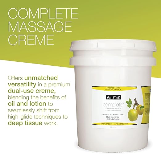 Bon Vital Complete Massage Creme, 5-Gallon, Unscented Non-Greasy Cream with Marula, Olive & Jojoba Oils, Hypoallergenic Moisturizer for Professional or Home Use, Premium Dual-Purpose, Massage Therapy
