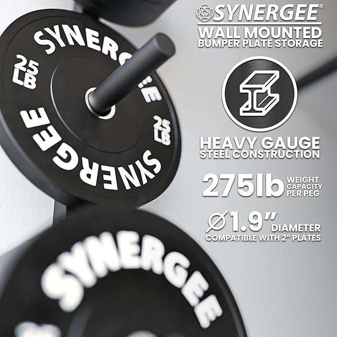 Synergee Weight Plate Storage Rack. Wall Mounted Weight Plate Holder. 4 Pegs with 1000 lb Weight Capacity Storage Rack.