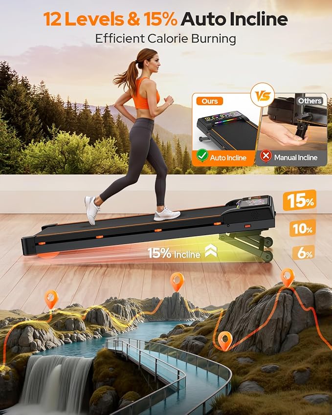 Walking Pad Treadmill with 15% 12-Level Auto Incline, 450 lbs Capacity UI Screen, Trisomy 3.5HP Quiet Under Desk Treadmill with Bluetooth Speaker & Remote, Compact Treadmills for Home Hiking Control