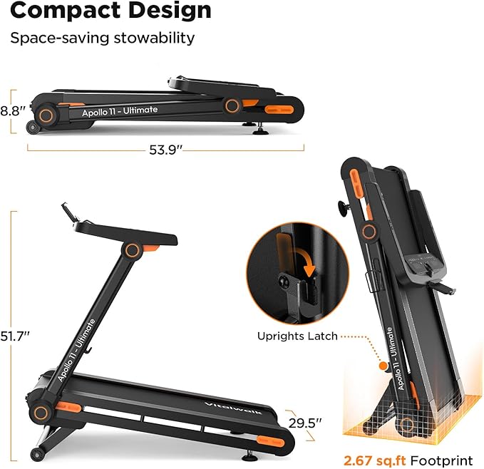 Foldable Treadmill with Auto Incline - Vitalwalk Commercial 48"x18" Wide Running Belt, 20% / 15% Incline, 10MPH, 3.5HP Brushless, Walking Pad Treadmill for Home, Auto Folding, No Installation, 350LBS