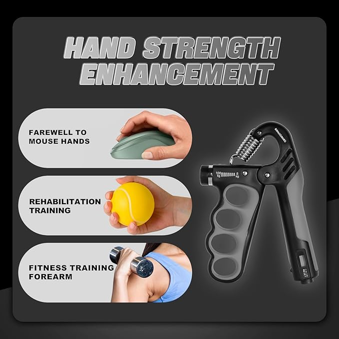 Grip Strength Trainer, Adjustable Resistance Forearm Strengthener with 11-220Lbs (5-100KG), Digital Counter, Ergonomic Hand Gripper Strengthener for Musicians, Athletes & Injury Recovery