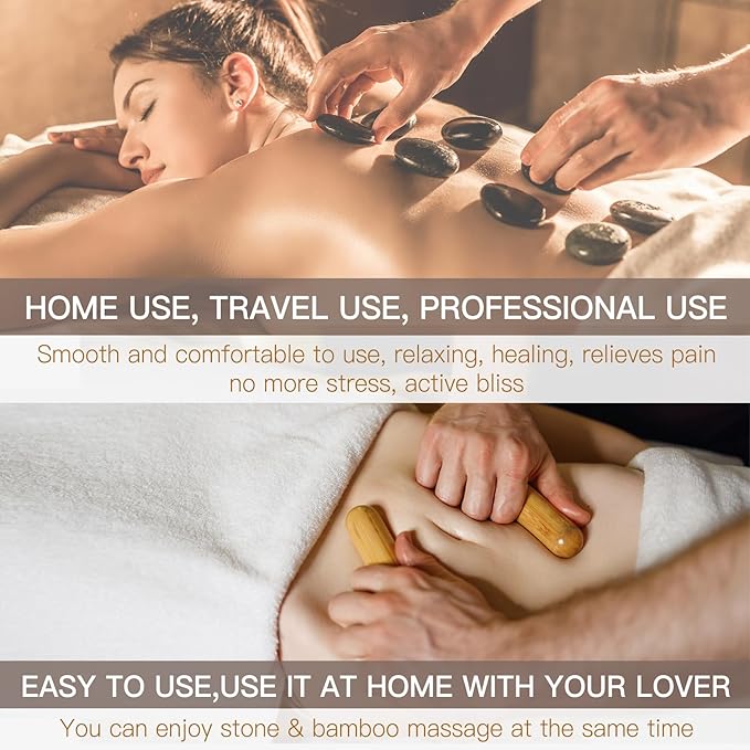 Massage Stones Set with Warmer Kit Hot Rocks Bamboo for Massage Hot Stones Massage Warmer Kit with Temperature Control and Carry Bag for Home Use (11 Stones and 3 Sticks) Suitable for Gifting