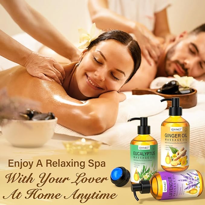 Valentine 's Day Gift for Women 3 Pack Massage Oil for Massage Therapy,Ginger for Lymphatic Drainage, Lavender for Relaxation, Eucalyptus Mint for Muscle Relief | Massage Therapy & Date Night Spa Gift