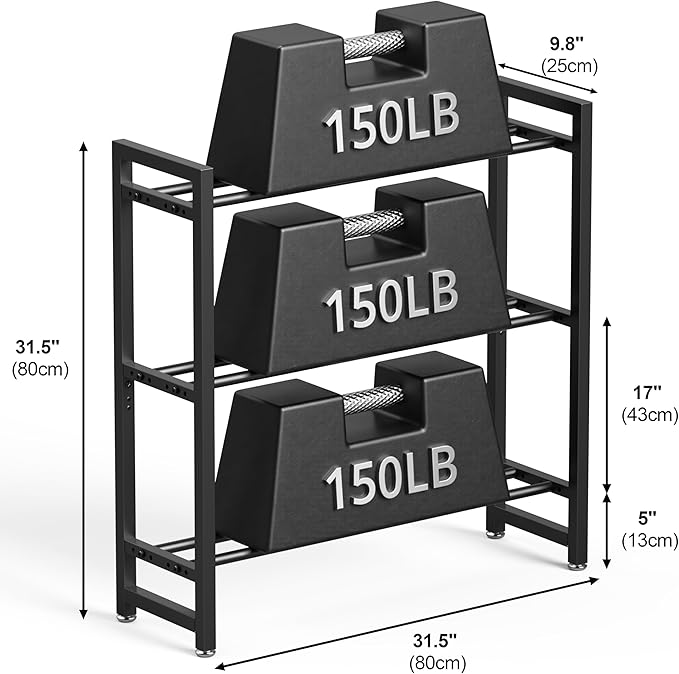 3 Tier Adjustable Dumbbell Rack – Heavy-Duty Weight Storage Stand for Dumbbells, Kettlebells, Multiple Balls, 450 lb Total Capacity, Space-Saving Home Gym Organizer (Rack Only)