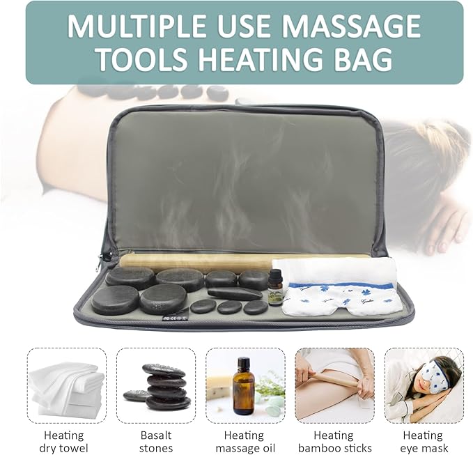 Massage Stones Set with Warmer Kit Hot Rocks Bamboo for Massage Hot Stones Massage Warmer Kit with Temperature Control and Carry Bag for Home Use (11 Stones and 3 Sticks) Suitable for Gifting