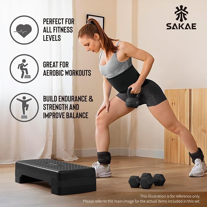 SAKAE Adjustable Aerobic Stepper Kit with Dumbbells & Kettlebell & Weightlifting Belt & Measuring Tape, 2 Level Risers Exercise Step Platform for Home Gym Exercise Fitness Workout, Multiple Colors