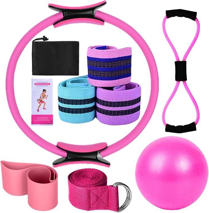 Yoga Sets for Women Pilates at Home Equipment Pilates Magic Ring Booty Bands for Working Out Glutes Yoga Ball 25cm Figure 8 Resistance Band Yoga Bands for Stretching