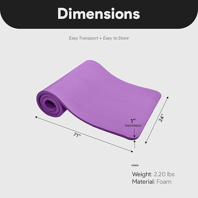 BalanceFrom 71x24 Inches Extra Thick Yoga Mat 1-Inch High-Density Foam – Roll-Up Exercise Pad with Double-Sided Non-Slip Surface and Carrying Strap for Pilates and Home Workouts, Multiple Colors