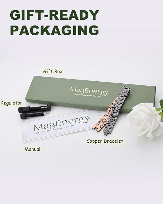 MagEnergy Mens Copper Magnetic Bracelets, 99.9% Pure Copper Bracelet with Double-Row Strength Magnets, Adjustable Jewelry with Sizing Tool