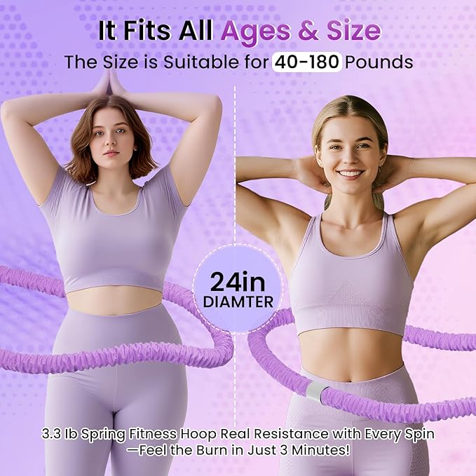 Upgraded Weighted Hoop for Adults - 3.3lb Soft Spring Fitness Hoop for Weight Loss - Foldable Exercise Hoop for Beginners & Home Travel Use