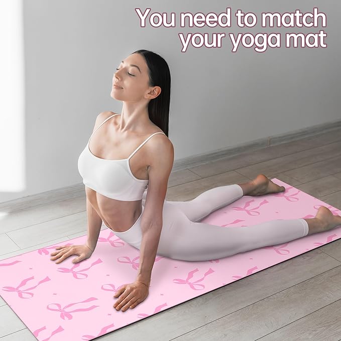 Breling Pink Bow Yoga Mat Towel with Grip Dot Preppy Coquette Bow Non Slip Ultra Absorbent Soft Microfiber Towel Without Hot Yoga Mat 72 x 24 Inch for Pilates Fitness Gym Women Birthday Gifts