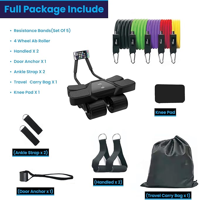 Ab Roller Home Gym Equipment – 4 Wheels Ab Wheel Muscle Roller with LCD Screen, 5Pcs Resistance Bands, Ankle Straps, Door Anchor, Handles, Travel Bag – Comfortable Elbow Support with Non-Slip Handles