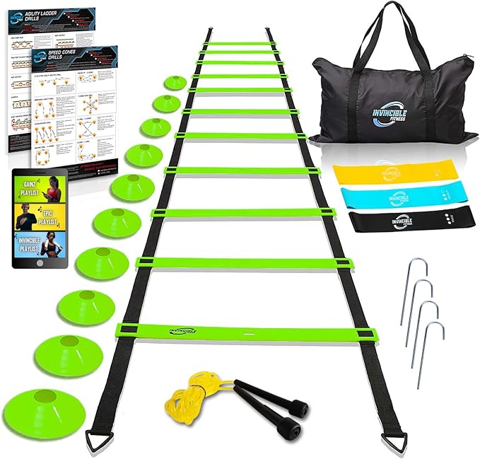 Invincible Fitness Agility Ladder Training Equipment Set Improves Coordination Speed Power and Strength Includes 10 Cones 4 Hooks and 3 Loop Resistance Bands for Outdoor Workout (Green)