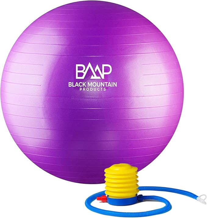Black Mountain Products Professional Grade Exercise Stability Yoga Ball, Foot Pump, Ball Plug, Plug Puller, 2000 Pounds Static Weight Capacity Antiburst