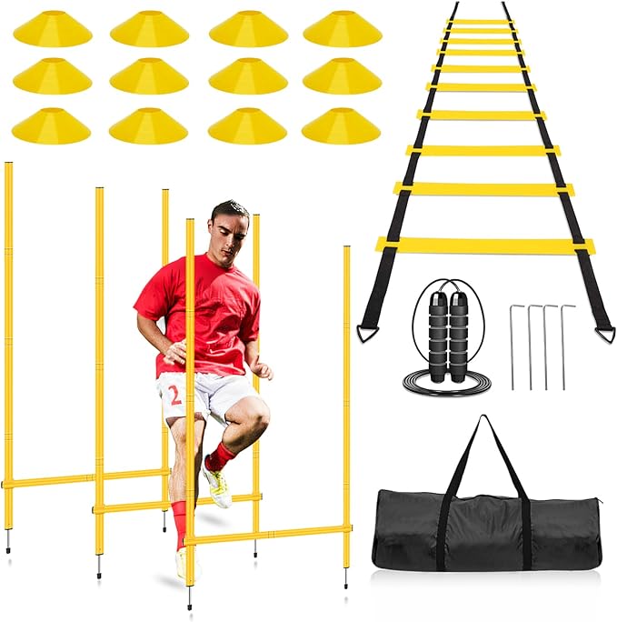 Agility Poles Training Equipment- Includes 6 Agility Poles, 6 Jumping Hurdles, Agility Ladder, 12 Soccer Cones, 1Jump Rope, Soccer Training Poles for Speed Training, Soccer Agility Training