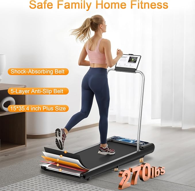 Treadmills for Home Small with 0%-8% Incline and APP Sync, Compact Under Desk Walking Treadmill Pad with Handle Bar Removable, Remote Control and LED Display, 2.5HP
