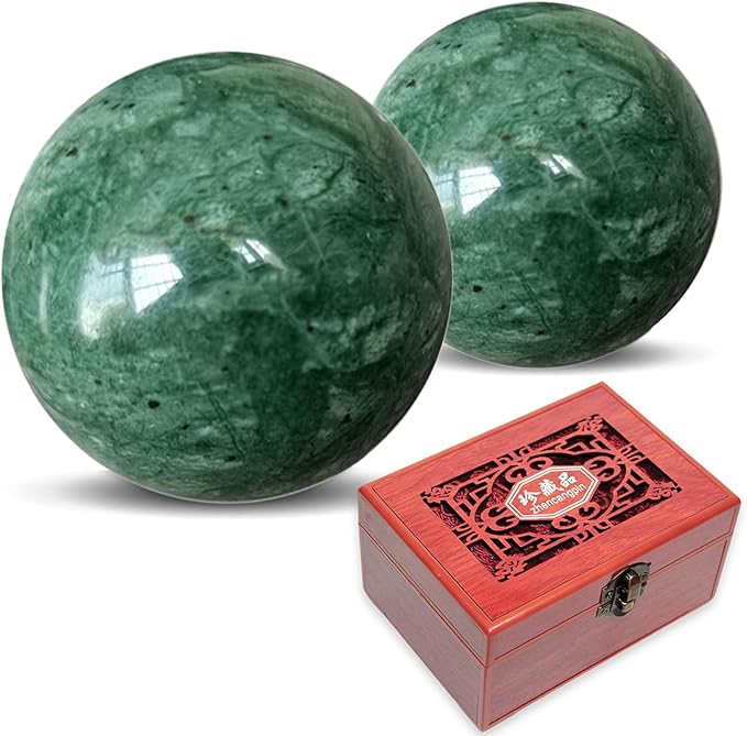 Traditional Chinese Baoding Balls, Marble Health Exercise Stress Relief Balls with an Upgraded Shockproof Imitation Wood Box, Dark Green, 2-Piece Set, Medium-1.57"