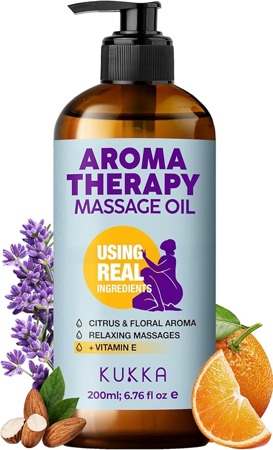 KUKKA Aromatherapy Massage Oil - 6.76 fl oz - Enriched with Vitamin E, Sweet Almond, Lavender & Sweet Orange Oils - for All Skin Types, Men & Women - Massage Oil for Muscles, Legs & Body