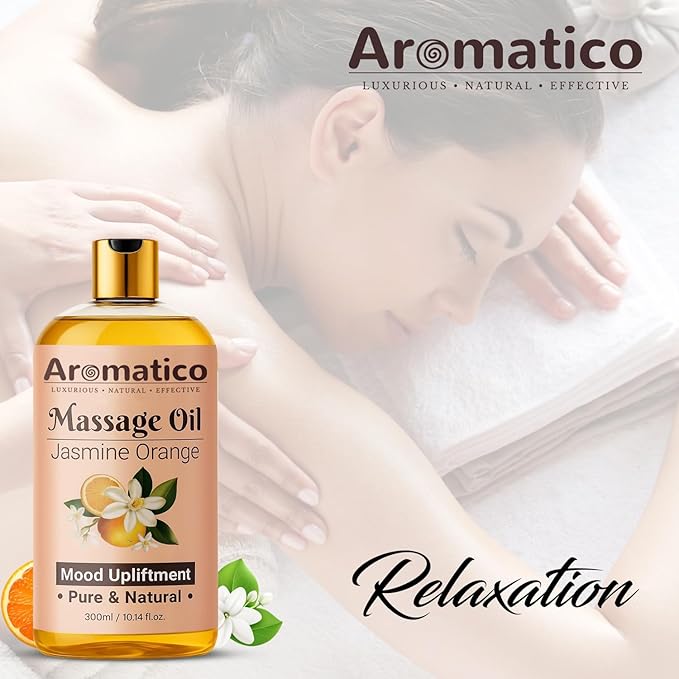 Massage Oil with Jasmine & Orange Essential Oils – Infused with Sesame, Almond & Jojoba Oils – Full Body Massage Oil for Relaxation – for Men & Women – 10 Fl Oz