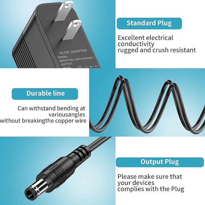 Power Cord for ProForm Elliptical Smart Strider 390 395 475 510 E, 480 490 500 600 LE, 400 700 510 EX, Cardio Cross Trainer Exercise Bike Charger Cable Cord