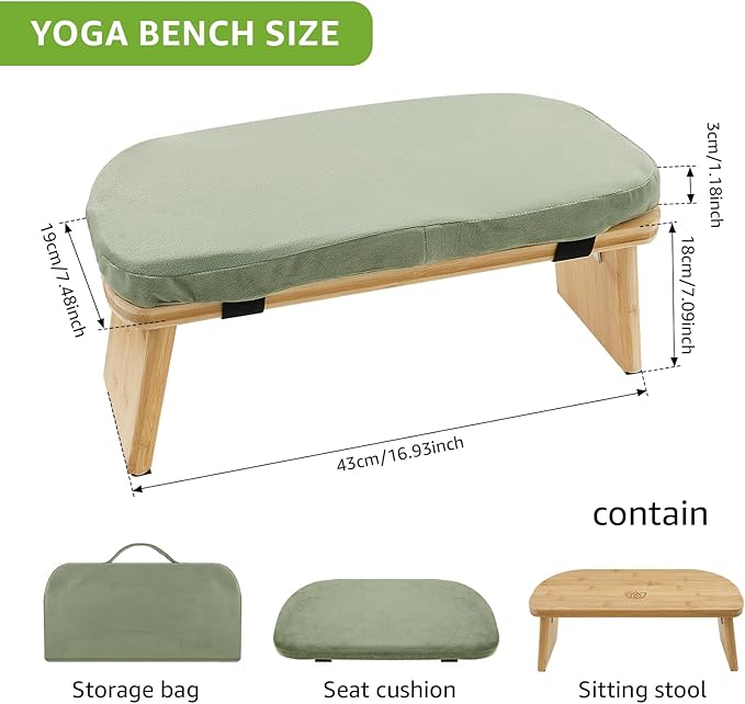 Folding Meditation Bench, Bamboo Kneeling Stool with Cushion, Portable Meditation Chair, Yoga Stool, Yoga Bench, Zen Practice, Comfortable Kneeling Chair, 16.9x7.5x7.1in (Green)