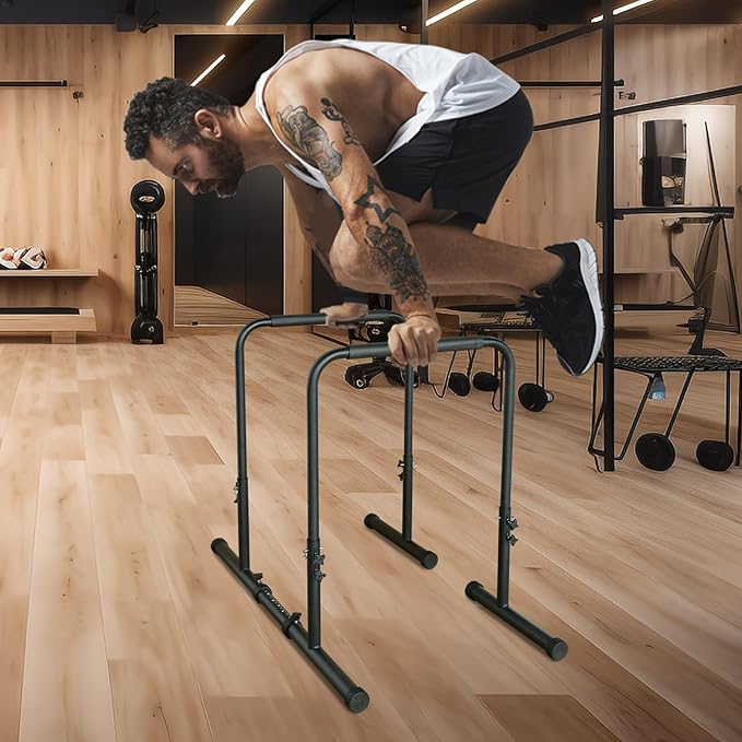Generic Adjustable Dip Bars for Home, Pull Up Bar Dip Station, Multi-Function Strength Training Dip Stands with Bench, Black