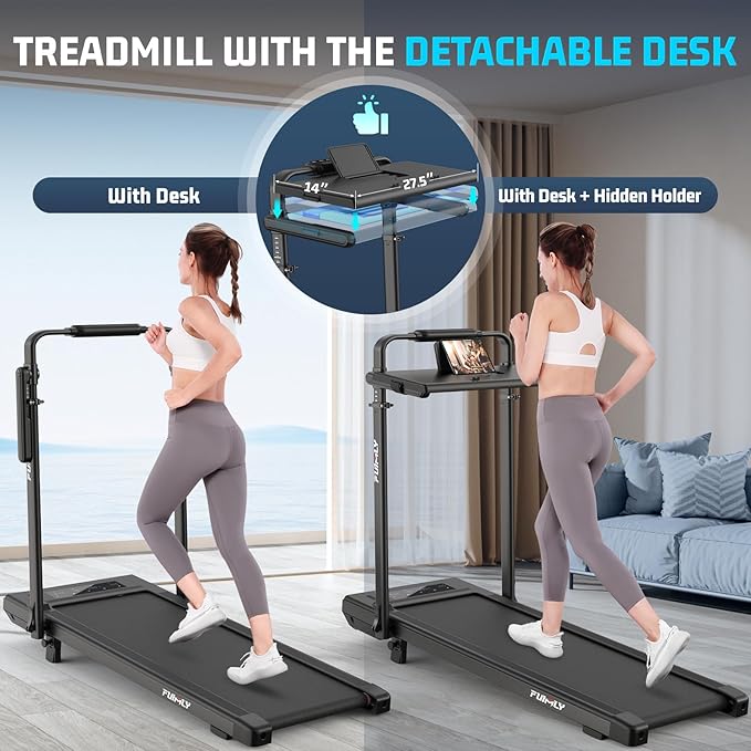 Walking Pad Treadmill with Desk Workstation, 15% Incline Treadmill with Handle Bar, Foldable Treadmills Under Desk for Home/Office, 400 lbs+ Capacity, Adjustable Height, Removable Desk, 3.5HP Motor