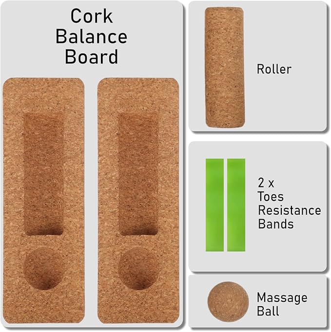 Cork Balance Beam Complete Set, Integrated Foot & Ankle Stability System with Roller, Massage Ball & Toe Resistance Bands for Yoga & Recovery