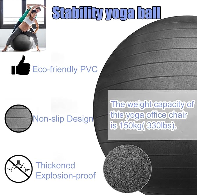 CMYUN Yoga Ball Chair Exercise Ball Chair for Office, Ergonomic Yoga Ball Chair with Wheels & Back Support, Black Balance Ball Seat for Adults Kids Pregnancy