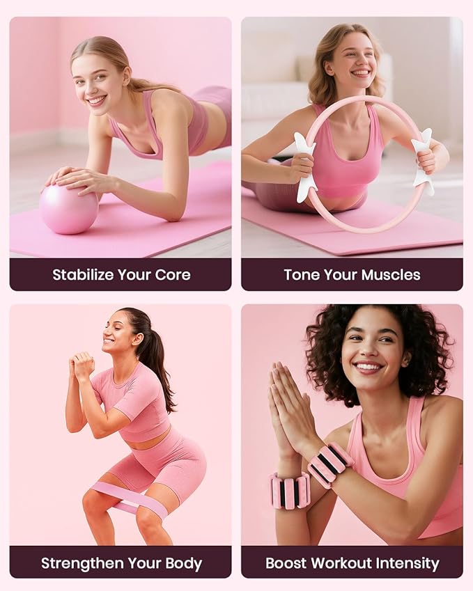 Pilates Ring Set, Magic Circle Yoga Ring, Pilates Ball, Adjustable Ankle Wrist Weights, Resistance Bands, Mini Ball, Pilates Starter Kit for Strength, Workout Guide Included