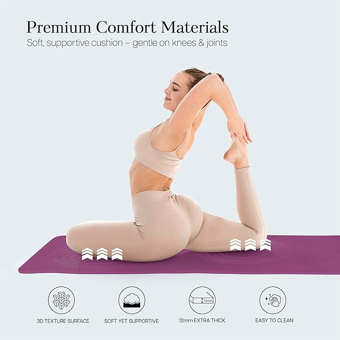 Extra Thick 12mm Exercise Mat – Non-Slip, Joint-Friendly & Cushioned Fitness Mat for Yoga, Pilates & Floor Workouts – Durable, Supportive & Includes Feetlu Classic Strap