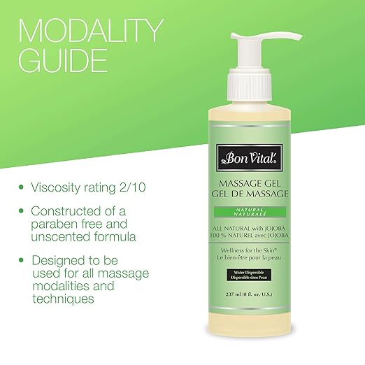 Bon Vital' Naturale Massage Gel, 8 oz Bottle with Pump, Hypoallergenic & Paraben-Free, Natural Massage Lotion Alternative with Botanical Extracts, Lightweight & Non-Greasy Formula, for Sensitive Skin