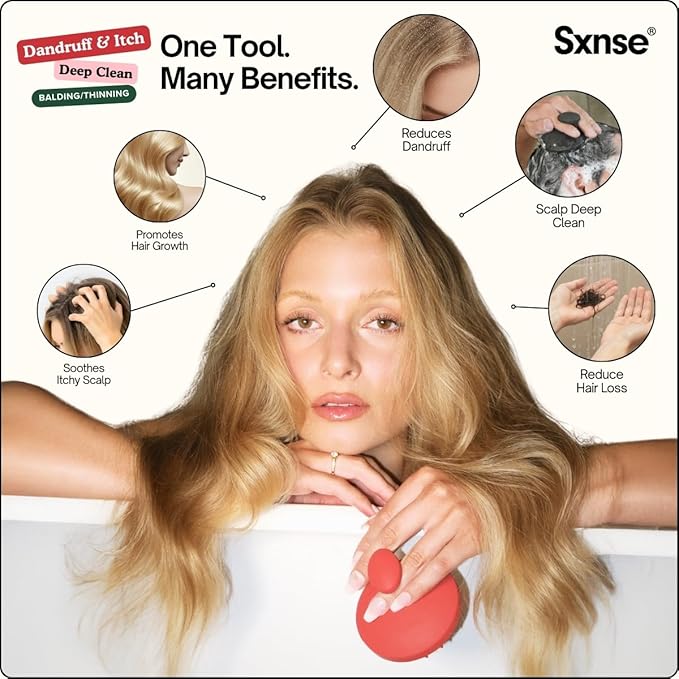 SXNSE - Revive Silicone Scalp Massager, Rose - Manual Hair & Scalp Scrubber for Dandruff, Buildup, Itch, & Hair Growth - Soft Exfoliating Silicone Bristles for Wet & Dry Hair, Flake-Free Finish