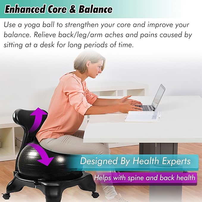 Active Sitting Exercise Ball Chair, Adjustable Posture Ball for Desk/Heavy Duty Pilates Ball for Chair Back with Rolling Wheel, Protection Legs/Spine Sensory Ball Chairs(Purple)