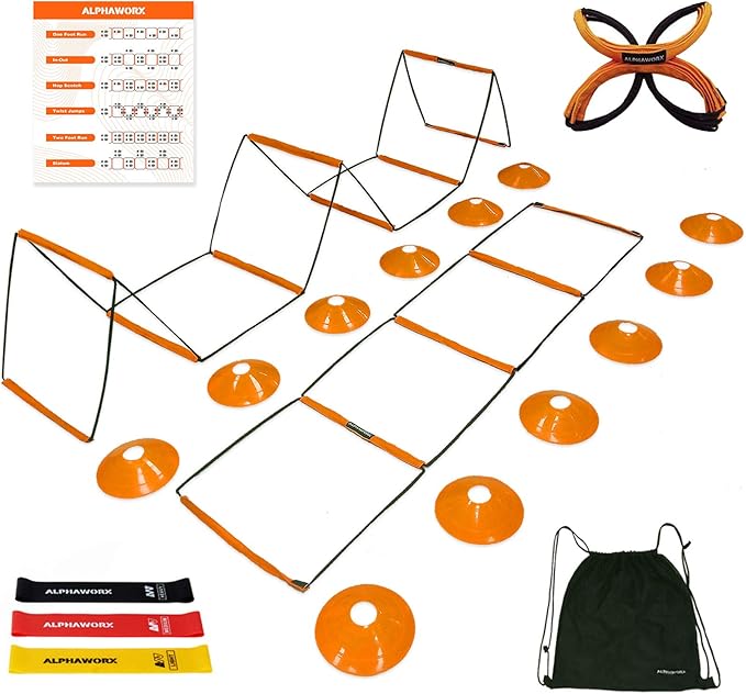 All-in-One Agility Ladder Agility Training Equipment Foldable Instant Set-up Tangle-Free Design 8+4 Rung Speed Ladder Workout Ladder with 12 Soccer Cones & 3 Resistance Band & 1 Storage Bag